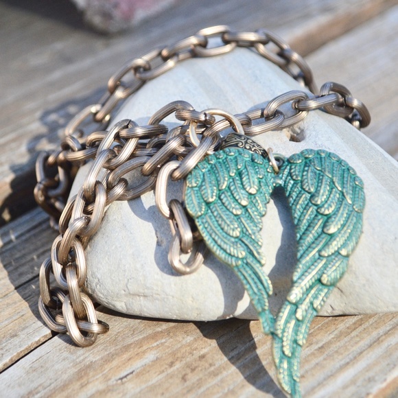 Conceptual Subculture Jewelry - Angel Wings Big Pendant Filigree Necklace Brass Green Patina Verdigris Gift Boho